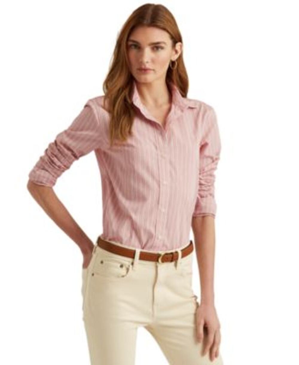 Lauren Ralph Lauren Women's Pink, White, & Purple Striped Broadcloth Shirt, S